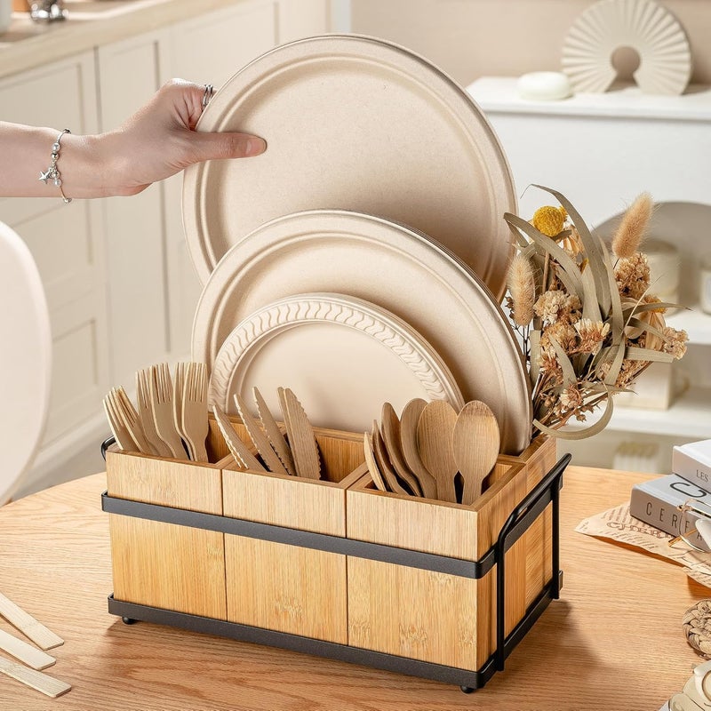PTSTING Silverware Caddy Wood Utensil Holder Paper Plate Dispenser Silverware Utensil Caddy Cutlery Flatware Organizer Box for Spoons Forks Plates Napkins - Image 3